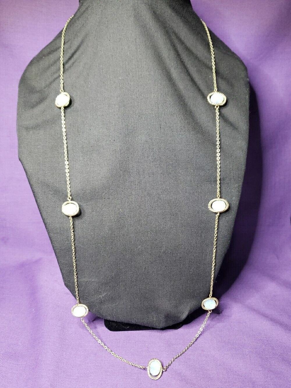 Long Yellow Gold Tone Opalescent Frosted Faceted Glass Bead Station Necklace